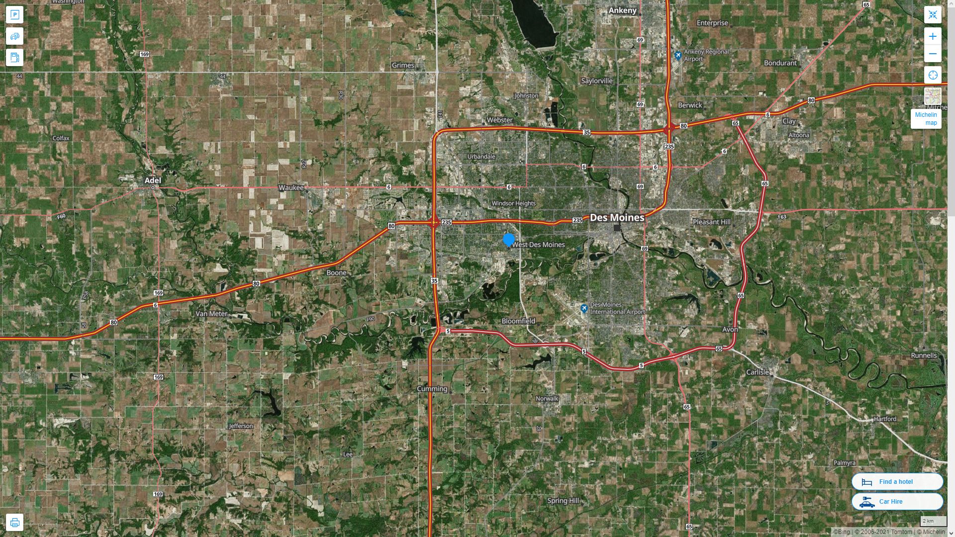 West Des Moines iowa Highway and Road Map with Satellite View